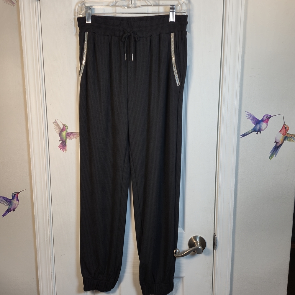 On Twelfth Rhinestone Sparkle Trim Ribbed Joggers Track Pants Black Medium